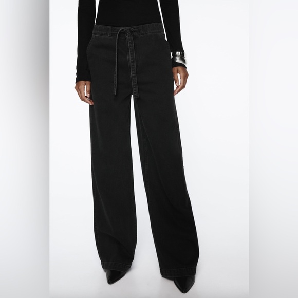 Zara Jeans Women's‎ Size Large Black Wash Denim Wide Leg High Rise Front Tie - Picture 3 of 16